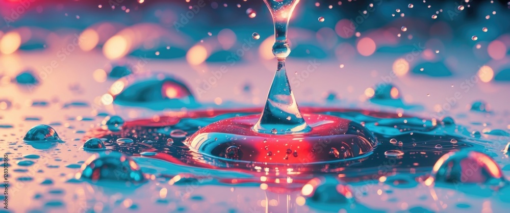 Poster captivating water drop splash creating vibrant reflections on a smooth surface with bokeh effects in