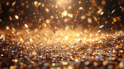 Naklejka premium Gold background with glittering confetti and shimmering stars, creating a celebratory aesthetic