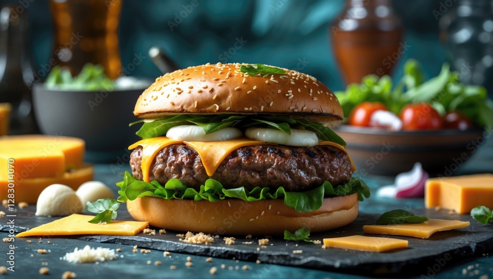 Poster savory cheese topped beef burger surrounded by fresh ingredients with space for custom text on rusti