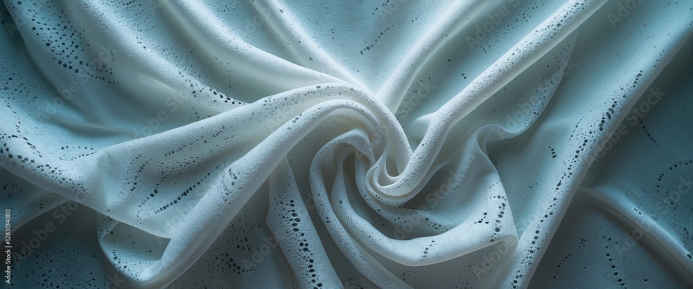 Poster translucent white porous textile fabric with smoky shading and intricate patterns creating a delicat