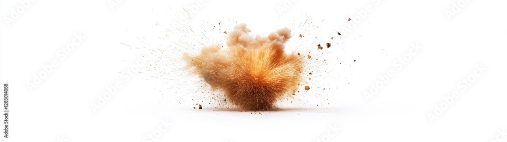 Poster explosive soil eruption with dynamic dust cloud on a white background