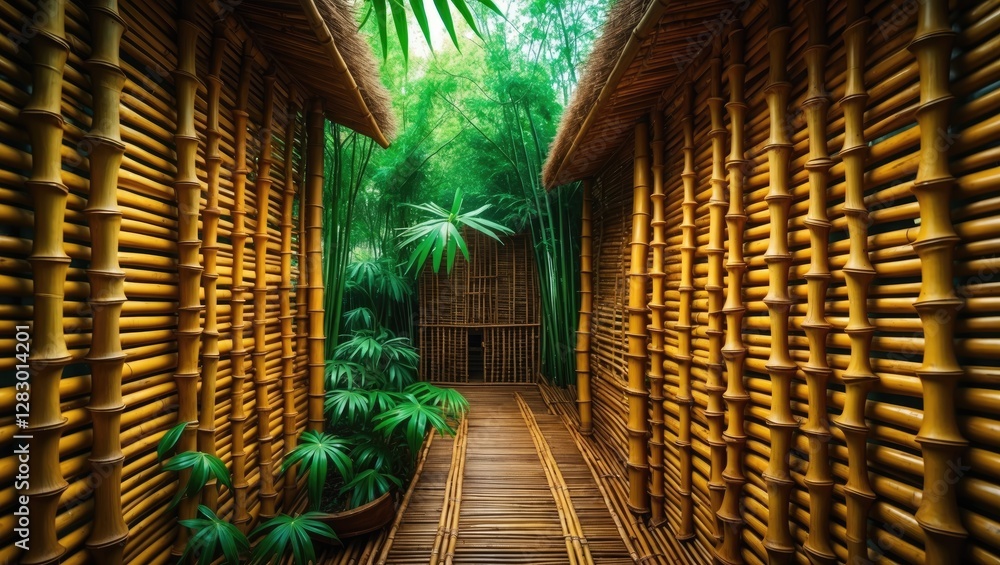 Poster serene bamboo corridor surrounded by lush greenery with intricate weave texture creating a tranquil 