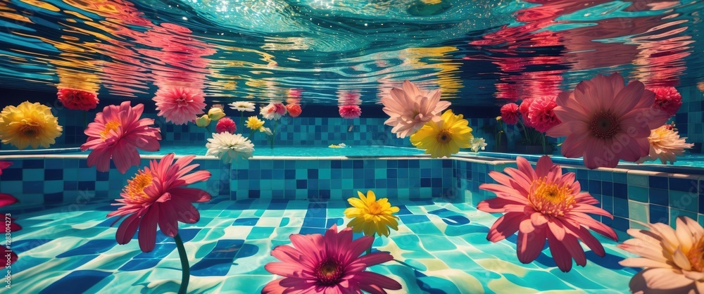 Poster vibrant underwater scene with colorful flowers floating in a swimming pool creating beautiful patter