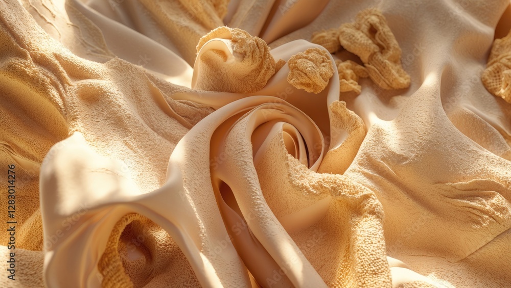Poster soft beige fabric texture with intricate folds for elegant backgrounds and creative design projects.