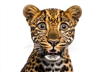 Naklejka premium Surprised leopard wite eyes bulging and whiskers spread out on a clean background