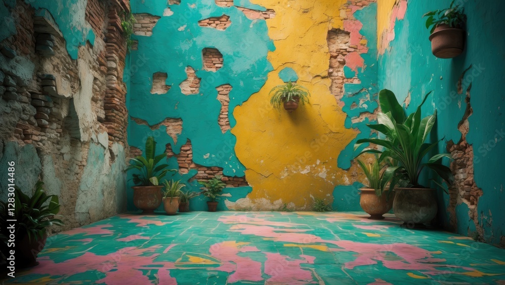Poster vibrant urban interior with colorful peeling walls and greenery creating a unique artistic atmospher