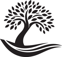 Tree Silhouette with Curved Branches and Leaves