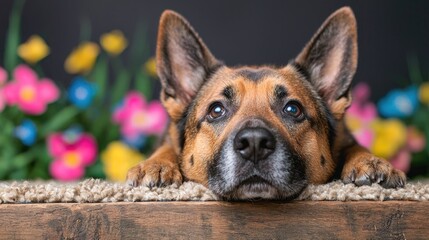 Obraz premium German Shepherd Dog resting, looking up at flowers, home interior studio shot