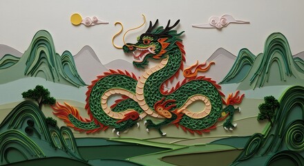 Obraz premium Magnificent Green Dragon Soaring Over Serene Mountains in Paper Art