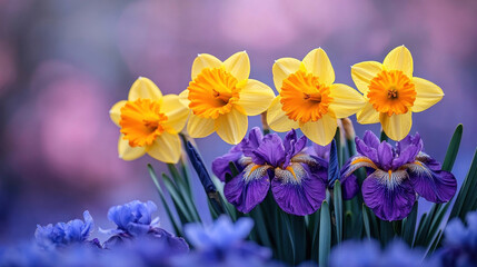 Spring background of bright yellow daffodils and deep purple irises blooming together in harmony
