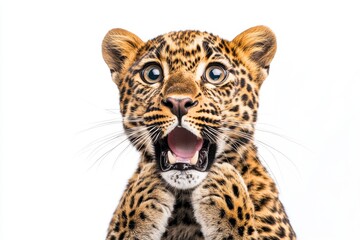 Obraz premium Surprised leopard wite eyes bulging and whiskers spread out on a clean background