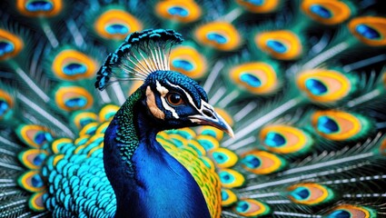 Obraz premium Vibrant close-up portrait of a male peacock showcasing iridescent feathers in a colorful and detailed display of natural beauty.