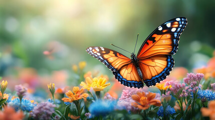 Obraz premium Spring background showcasing a butterfly garden with colorful flowers in full bloom