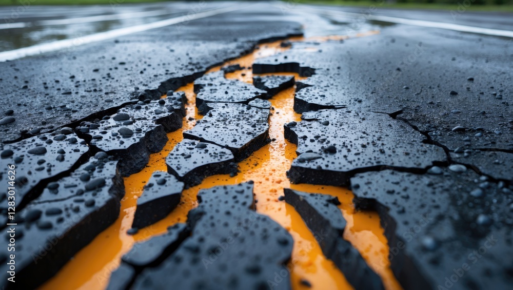 Poster wet asphalt surface showing cracks and fractures with orange highlights in a detailed close-up view.