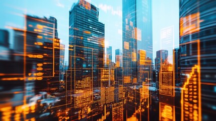 Obraz premium Modern financial district with skyscrapers and urban buildings in a bustling city landscape