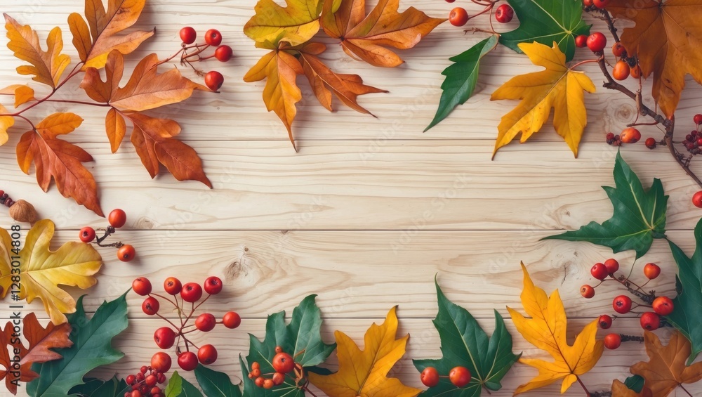 Poster autumn leaves and berries arranged on a light wooden background creating a natural frame for text or