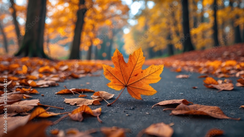 Poster autumn scenery featuring a vibrant fallen leaf on a pavement surrounded by a colorful array of autum