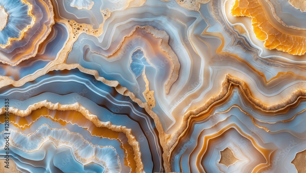 Poster blue and gold agate stone background with intricate layered patterns and textures for decorative use
