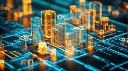 Futuristic cityscape 3d rendering showcasing modern real estate market with blue and yellow colors