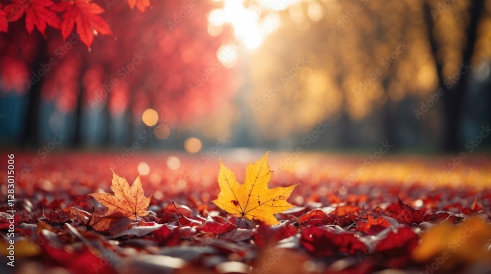 Poster autumn landscape featuring vibrant red and yellow foliage with a soft focus and bokeh effect creatin