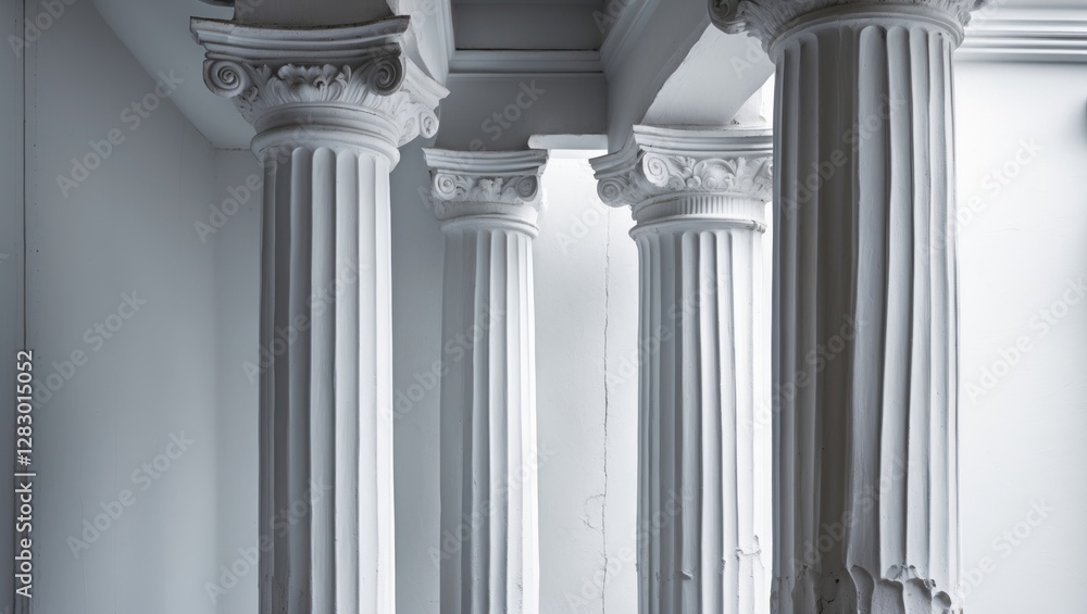 Poster elegant classical white columns against a simple white wall creating a timeless architectural backdr