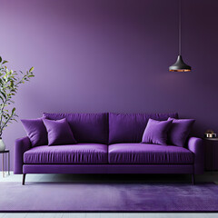 Modern sofa in a purple-toned living room, minimal decor with ample copy space for text or visuals