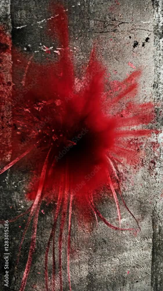Aufkleber red paint splatter on a textured concrete wall creating an abstract design