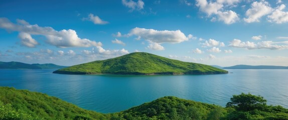 Fototapeta premium Lush Green Island Surrounded By Crystal Clear Waters Under A Bright Blue Sky Ideal For Summer Vacation Themes And Travel Promotions