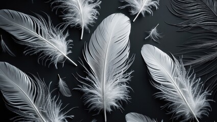 Obraz premium Elegant black and white feather texture background showcasing vintage aesthetic and subtle intricacies of nature's beauty and design.
