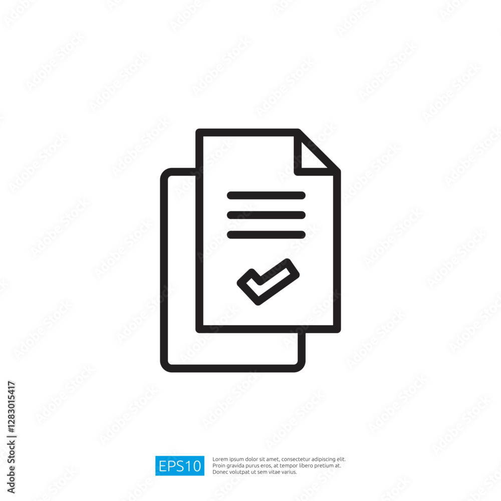 Poster icon of two stacked documents with a checkmark indicating approval and validation of paperwork in a 