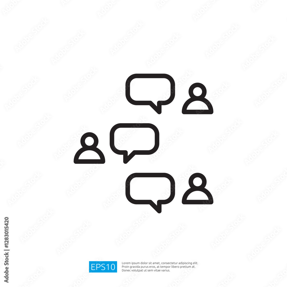 Poster icon representing group discussion and communication with speech bubbles and people engaging in idea