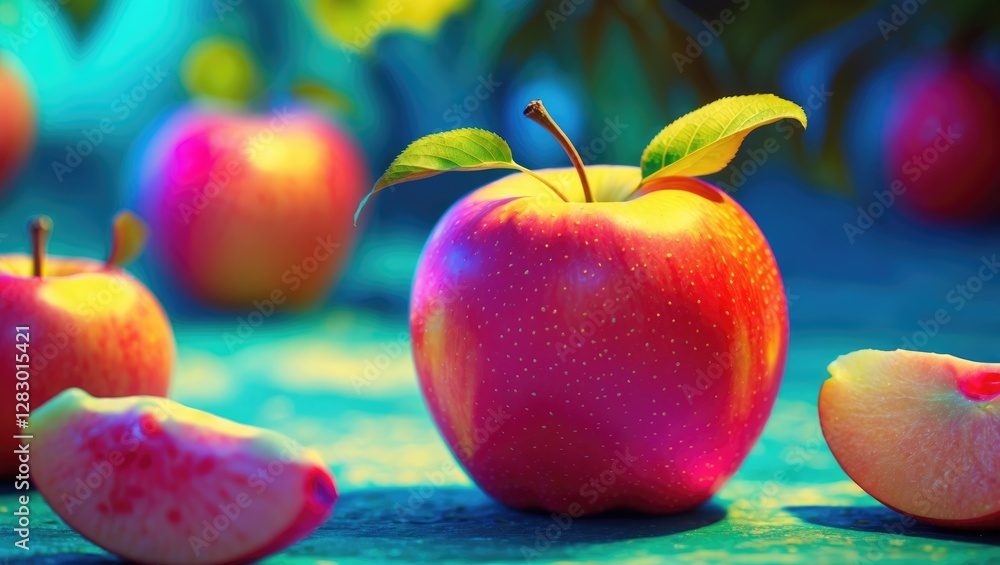 Poster vibrant macro shot of a red apple surrounded by slices on a colorful blurred background showcasing f