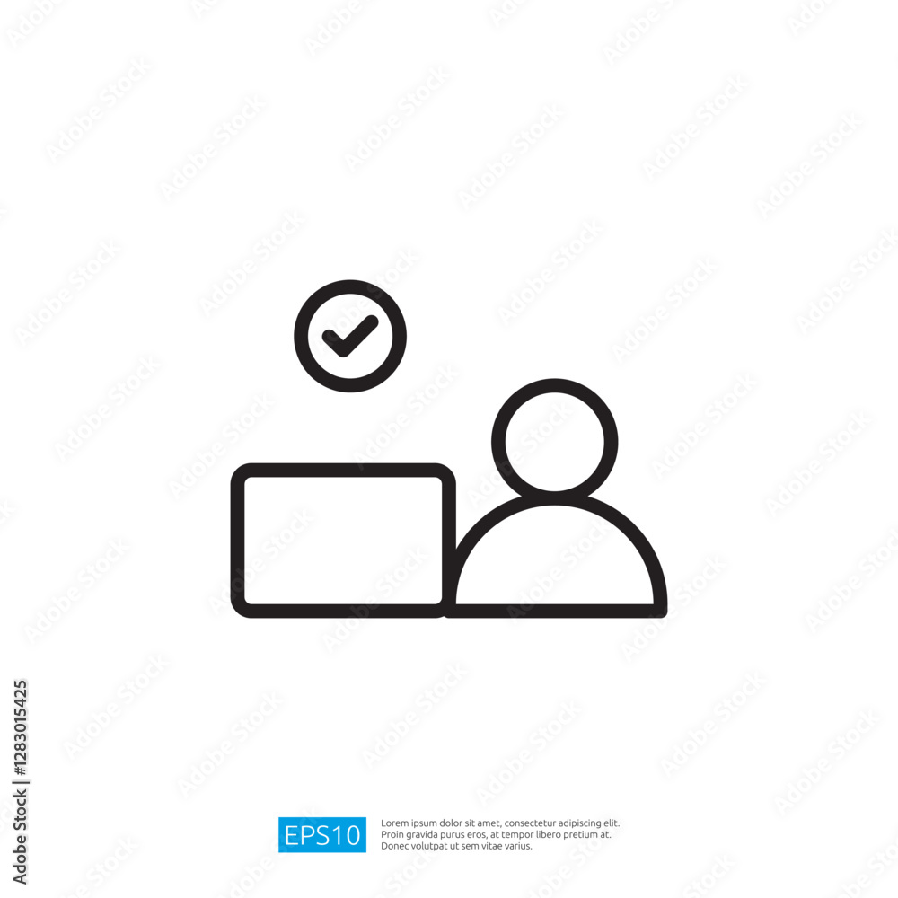 Poster icon of a person sitting at a computer with a checkmark indicating successful task completion in a m