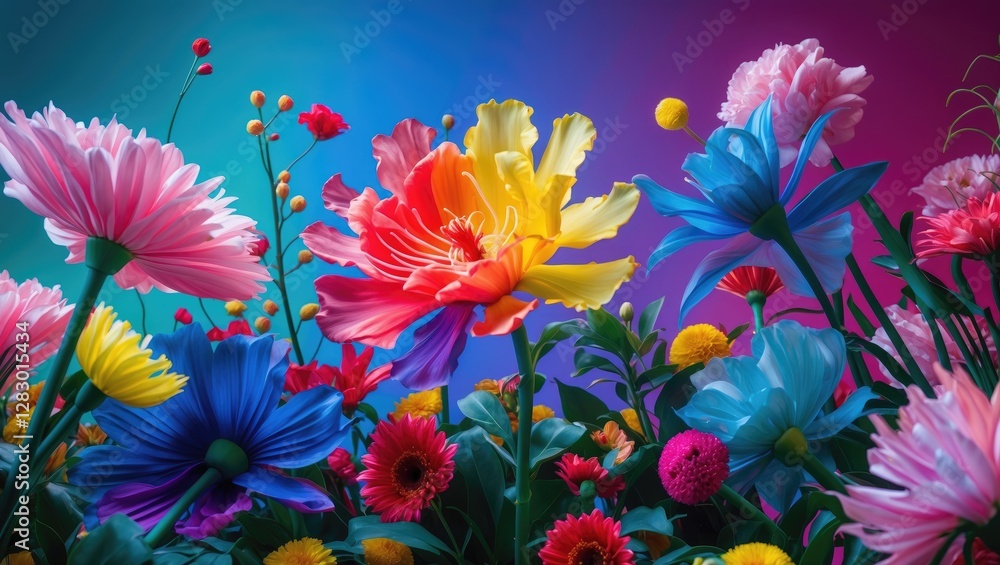 Poster vibrant multicolored artificial flowers creating a stunning backdrop for creative and decorative pro
