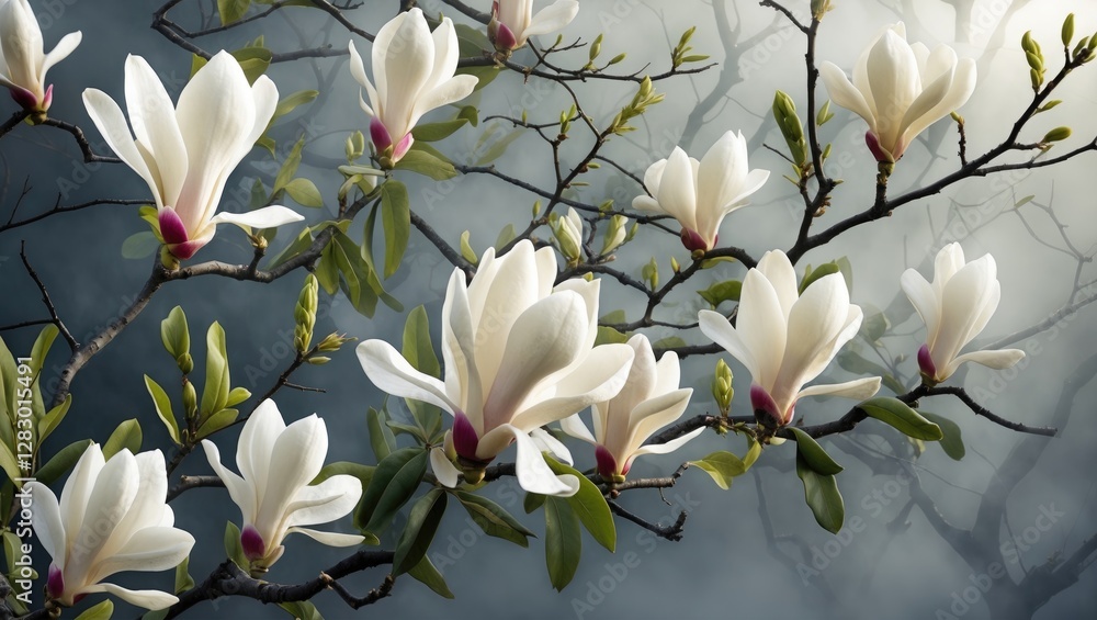 Aufkleber magnolia blossoms and branches with soft fog background in ethereal nature setting