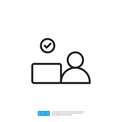 Icon of a Person Sitting at a Computer with a Checkmark Indicating Successful Task Completion in a Modern Digital Workspace