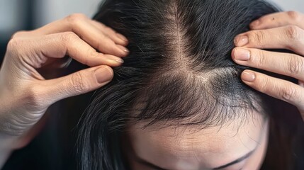 Naklejka premium Hair loss solutions for women home health guide indoor close-up hair restoration techniques