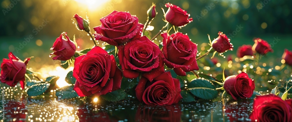 Aufkleber glowing red roses with dew in morning sunlight against a serene background with ample space for text