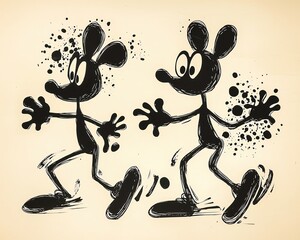 Rubber hose inkblot cartoons which emerged during the mid-1920s. heavy use of black or red inks on white backgrounds and exaggerated facial expressions. flailing rubber-hose limbs without joints