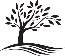 Tree Silhouette with Curved Branches and Leaves