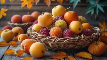 Baskets filled with colorful autumn fruits surrounded by fallen leaves on a rustic wooden table perfect for seasonal marketing or decor.