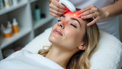 Naklejka premium Timeless Glow: Facial Light Therapy Session for Skin Lifting and Rejuvenation