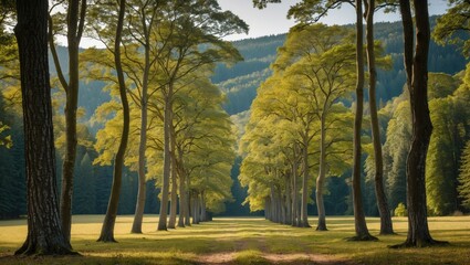 Lush beech tree avenue in Schwarzwald showcasing vibrant greenery and serene landscape in Baden-WÃ¼rttemberg, Germany during golden hour.
