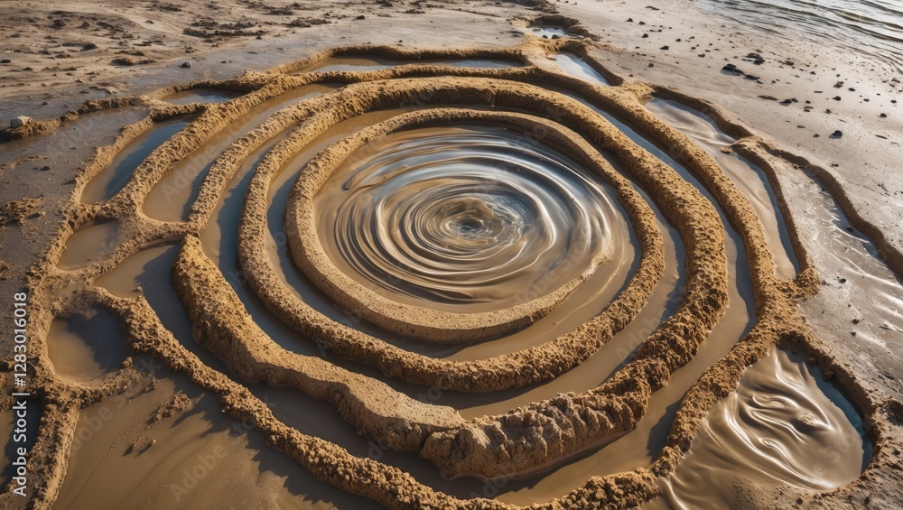 Aufkleber concentric circular patterns of sand with water pooled in the center on a beach during low tide. nat