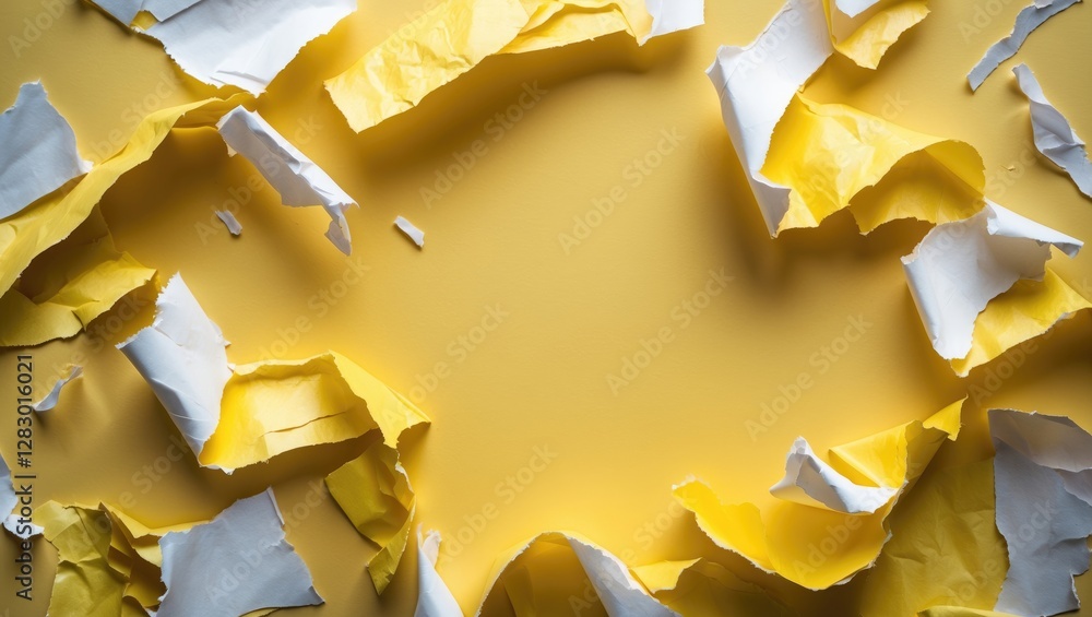 Poster torn colorful paper scraps in yellow and white arranged on a plain background creating a textured vi