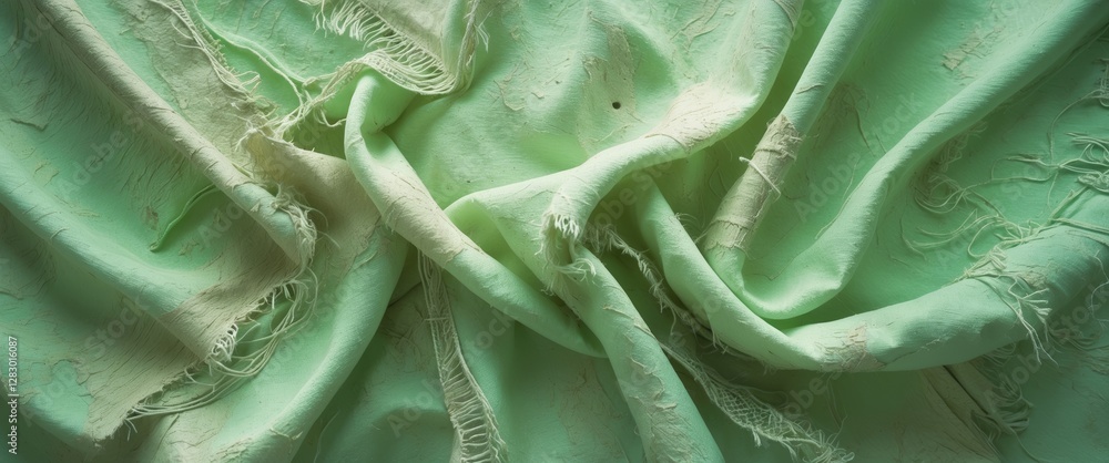 Aufkleber textured light green fabric with frayed edges and folds creating a wavy pattern. soft textile backgr