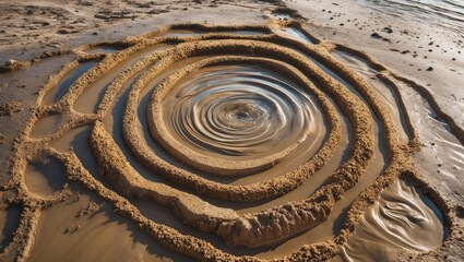 Concentric circular patterns of sand with water pooled in the center on a beach during low tide. Natural coastal landscape detail.