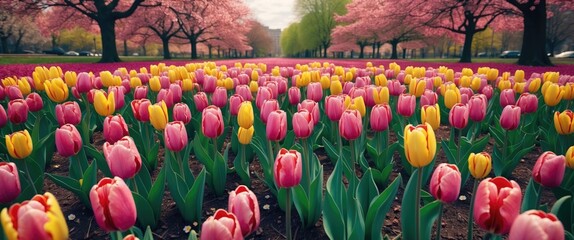 Fototapeta premium Vibrant spring tulip garden in late afternoon light showcasing colorful blooms amidst lush trees and a serene park atmosphere.