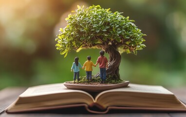 Miniature family standing together under bonsai tree on open book, holding hands, passing down family wisdom, concept of future generations, roots of legacy, symbolic photo