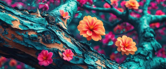 Colorful flowers on a textured tree trunk with vibrant petals against a blurred background of foliage in a natural setting